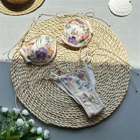 Jual Beige Shiny Flower Embroidery Swimwear Thong Micro Push Up Bikini Set Sexy Swimsuit Women