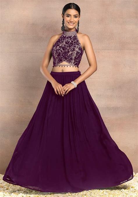 Buy Women Purple Lehenga Set With Floral Hand Embroidered Halter Blouse