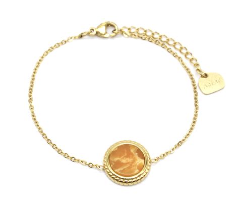 Bc F Bracelet Fine Cha Ne Avec Charm Pierre Marbre Jaune Orange