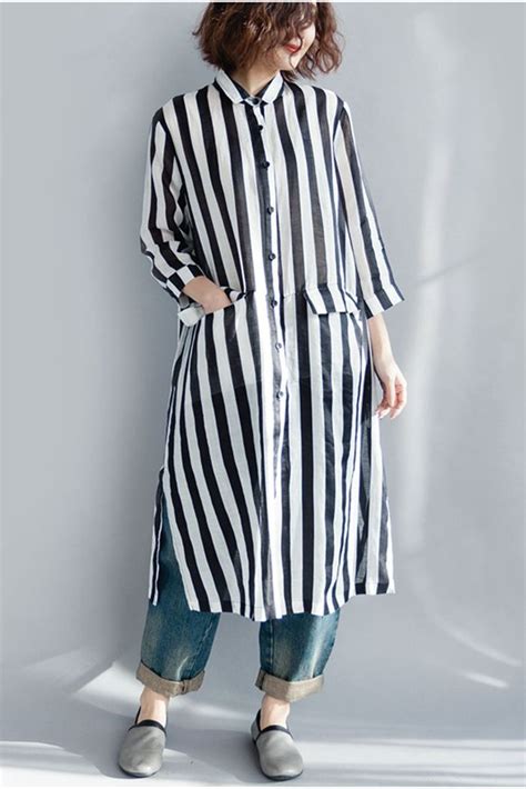 Black And White Striped Long Shirt Dress For Women Q1643 Stripe