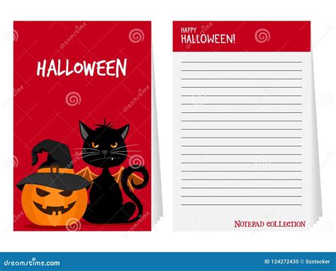 Halloween Notepad With Black Cat And Pumpkin Vector Illustration Stock