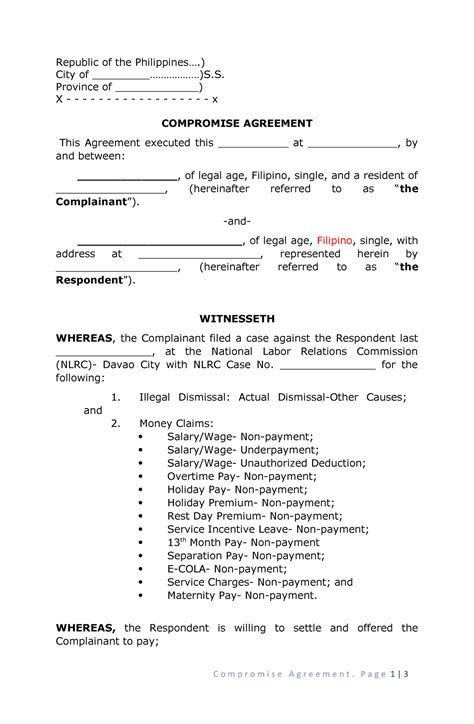 Compromise Agreement For NLRC Case Republic Of The Philippines