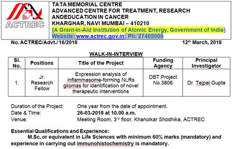 JRF Position In DBT Project ACTREC Mumbai Jaivikshastram Education