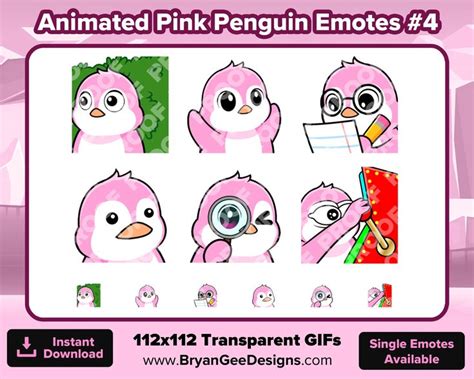 Animated Pink Penguin Twitch Emotes Hiding Bush Clapping Notes Pop