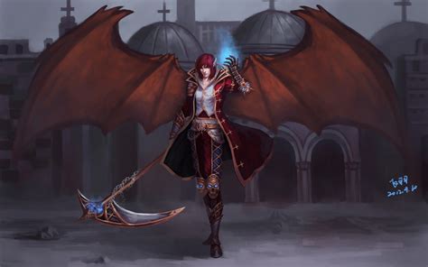 Red haired female anime character with wings, scythe HD wallpaper ...