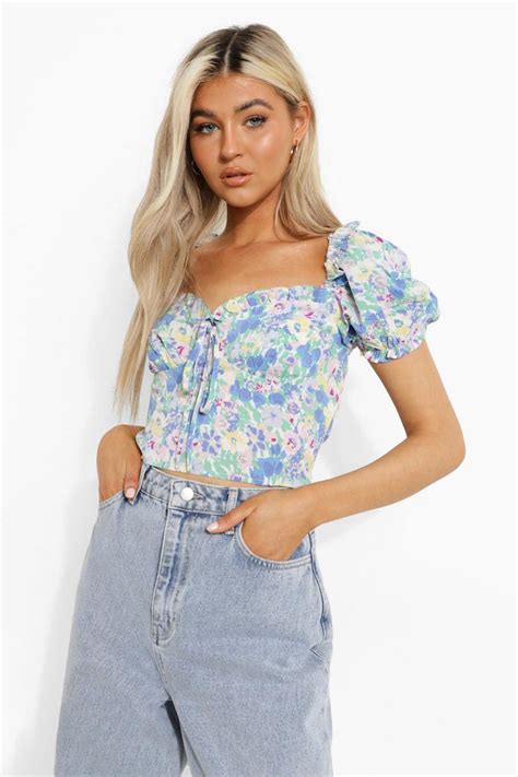 Blue Tall Woven Floral Print Puff Sleeve Crop Top Boohoo Uk