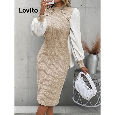 Lovito Women Elegant Plain Fabric Stitching Button Dress Lbl14484