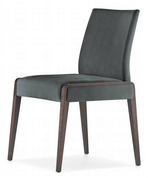 An Upholstered Grey Chair With Wooden Legs And Backrests Viewed From