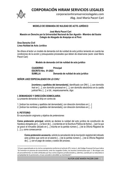 Modelo De Demanda De Nulidad De Acto JurÍdico Autor JosÉ MarÍa Pacori