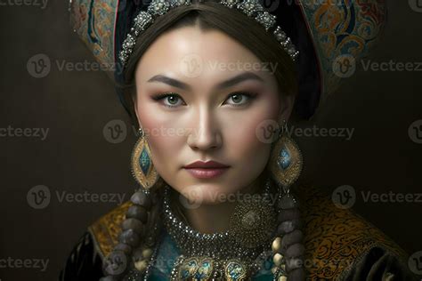 Beautiful Kazakh Asian Woman Portrait In National Costume Woman With