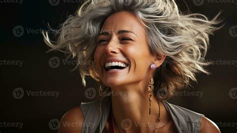 Beautiful Senior Model Woman in Her 50s 60s with Grey Hair Laughing and