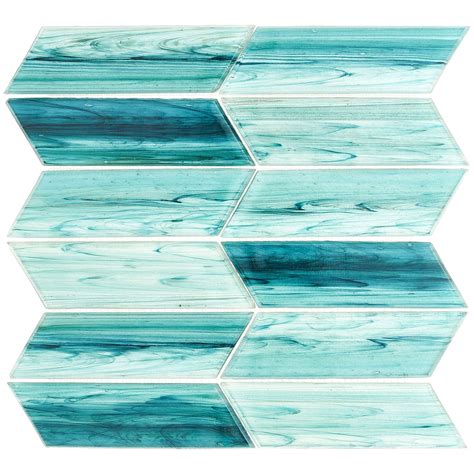 Maya Chevron Teal Green 2x7 Polished Glass Mosaic Tile Patterned Wall