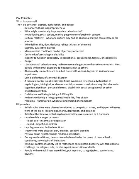 Psy 333 Notes Psy 333 Notes What Is Abnormal The 4 Ds Deviance