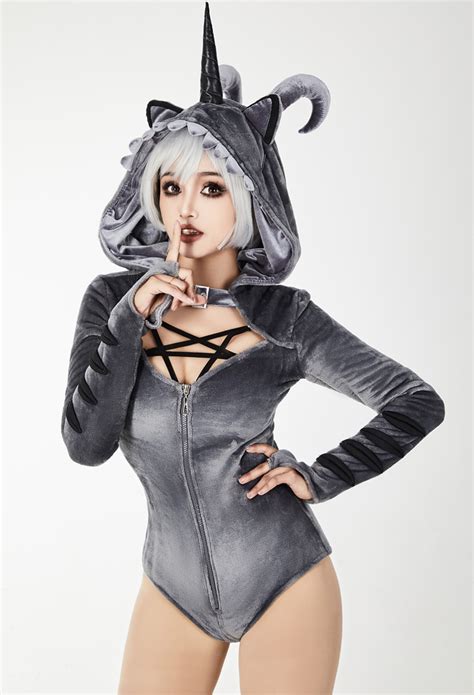 Wicked Unicorn Gothic Dark Style Bodysuit Gothic Lingerie Outfit Sexy Plush Hooded Romper