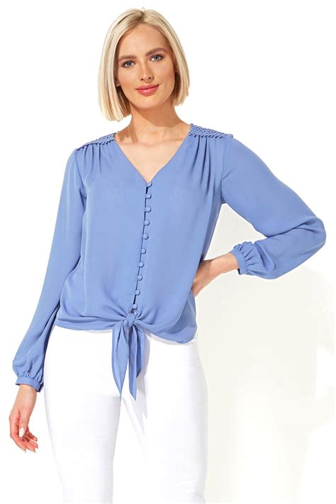 Lace Trim Tie Front Blouse In Light Blue Roman Originals Uk