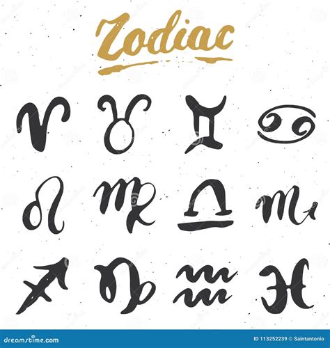 Zodiac Signs Set And Letterings Hand Drawn Horoscope Astrology Symbols