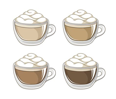 Coffee drink with foam in a small glass mug with different milk ratio