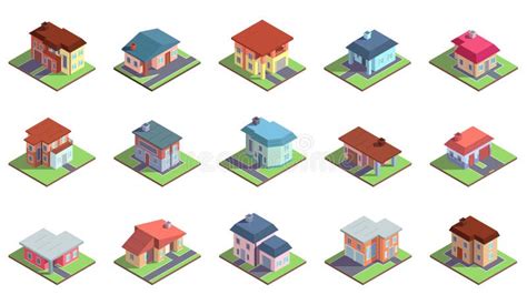 Modern Isometric Suburban Country Residential Cottage Buildings