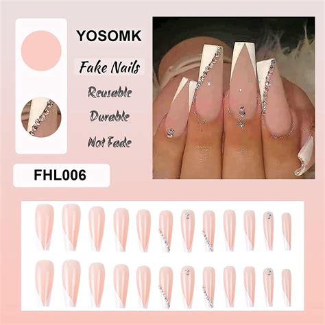 YOSOMK French Tip Press on Nails Long with Rhinestones - Pink & White
