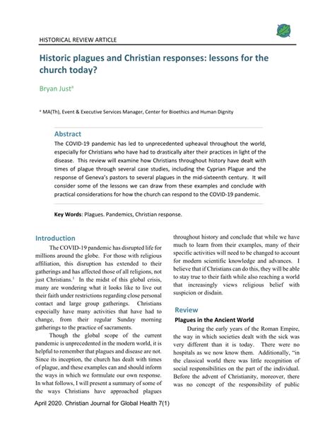 Pdf Historic Plagues And Christian Responses Lessons For The Church Today