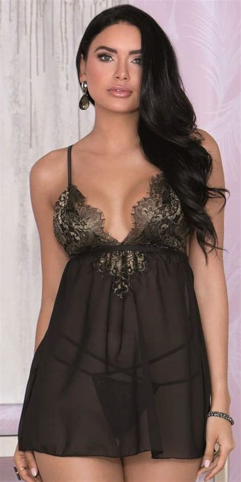 Plus Size Black Eyelash Lace Mesh Babydoll With G String Sexy Lingerie