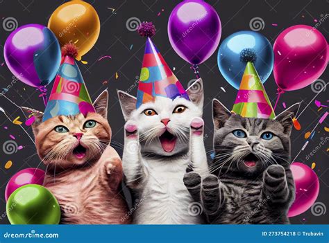 Collage Of Cats Wearing Party Hat Generative Ai Stock Illustration