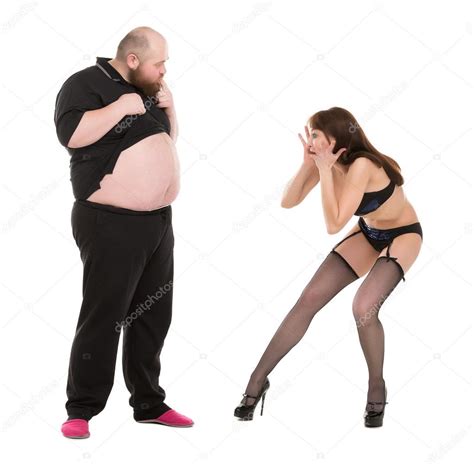 Almost Naked Woman Appalled And Surprised By The Size Man Stomac Stock Photo Discovod 102504840
