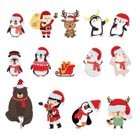 Cute Happy Winter Characters Christmas Set Stock Illustration