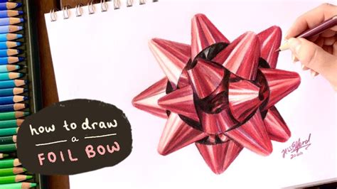 HOW TO DRAW A RED FOIL CHRISTMAS BOW With Coloured Pencils Colored