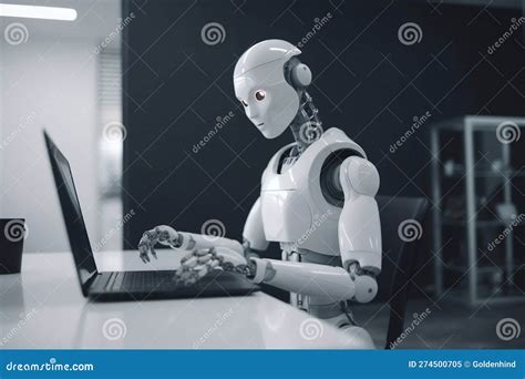 Humanoid Robot Working On A Laptop Artificial Intelligence Replaces