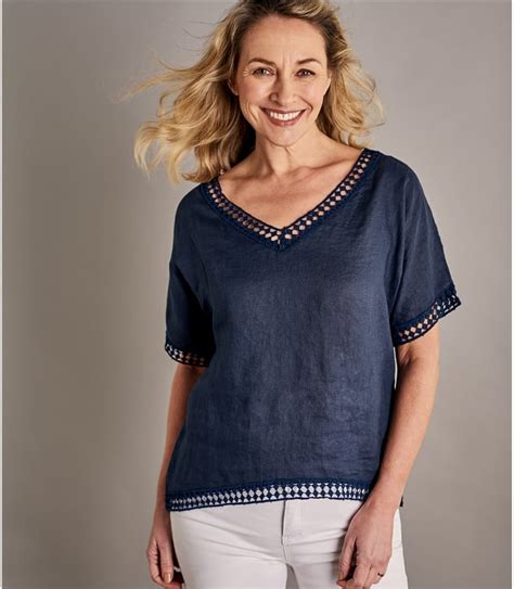 Navy Womens Lace Trim Vee Neck Linen Top Woolovers Us