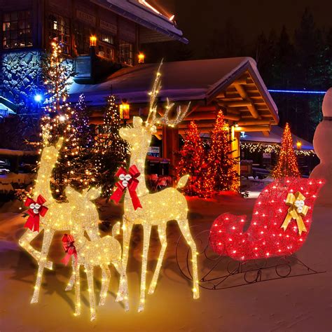 BBTO 4 Pieces Ft Lighted Christmas Reindeer And Sleigh Outdoor