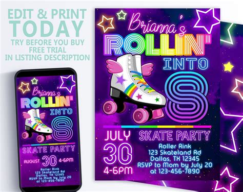 Editable Skate Party Invitation Birthday Party Instant Download Image