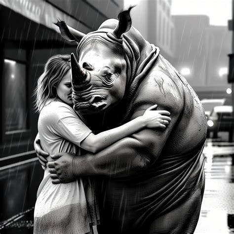 A Rhinoceros In A Shirt Hugs A Naked Woman On The Street In By