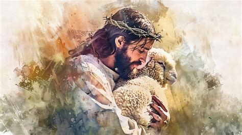 Illustration Of Jesus Christ Holding A Lamb Digital Watercolor