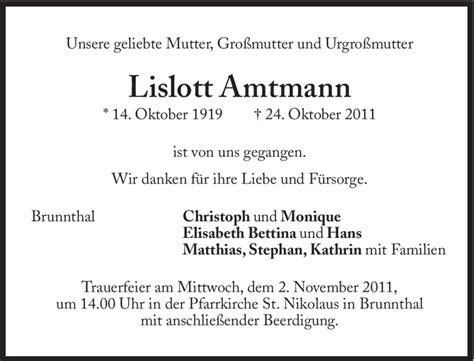 Traueranzeigen Von Lislott Amtmann Sz Gedenken De