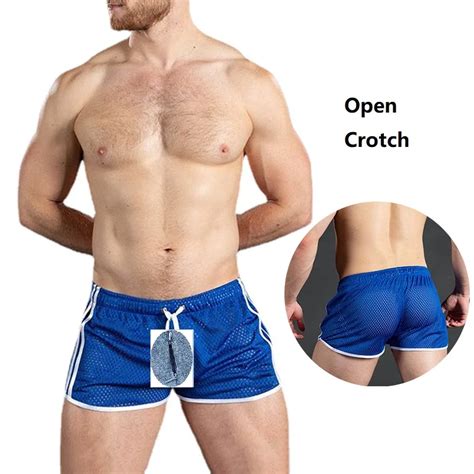 Man Crotchless Mesh Board Shorts Sexy Gym Open Crotch Panties Gay Double Zipper Breathable