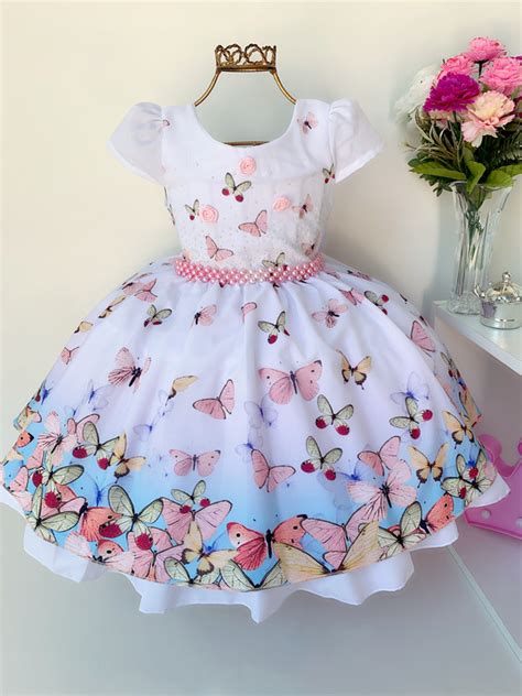 Vestido Infantil Jardim Das Borboletas Princesas Festa Luxo Rosa