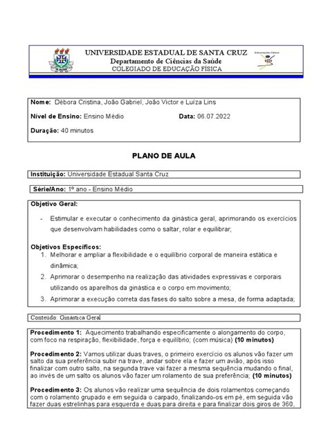 Plano De Aula Ginástica Geral Pdf Ginástica