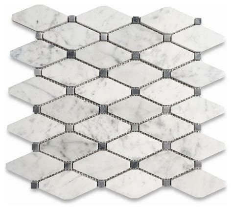 Carrara White Marble Long Octave Rhomboid Mosaic Tile W Dark Gray Dots