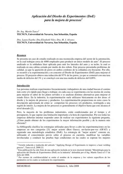 PDF Aplicación del Diseño de Experimentos DoE para la mejora de