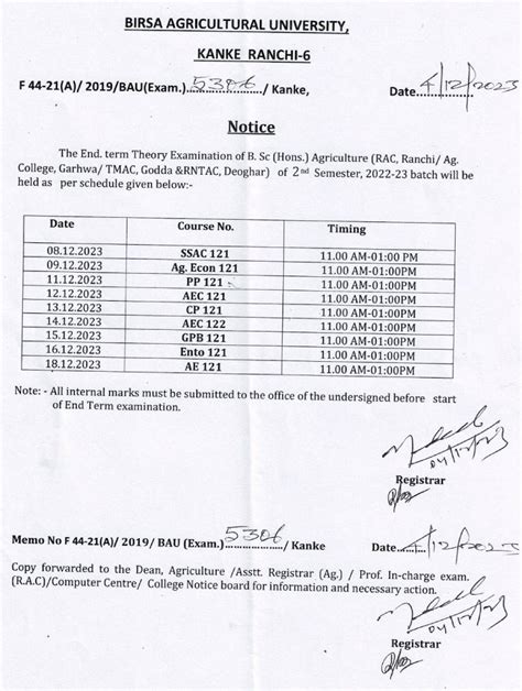 Notice For End Term Theory Examination Of B Sc Hons Agriculture RAC