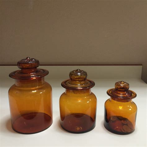 Set Vintage Amber Glass Apothecary Jars Canister Set Mid Etsy Glass