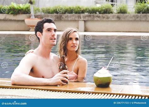 Portrait Couple In Love Bikini Poolside Party Enjoy Having Fun In Swimming Pool Stock Photo