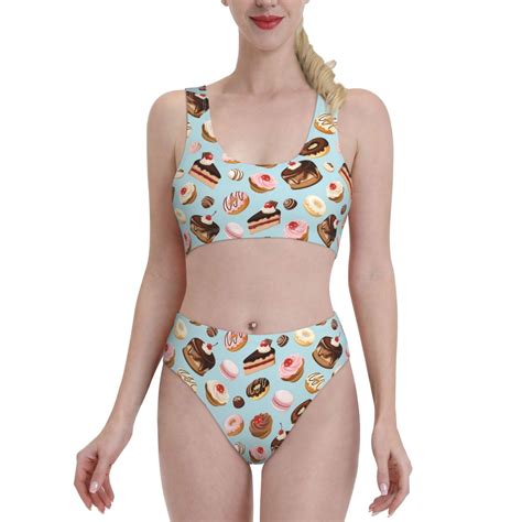 High Waisted Bikini Sets For Women Donut Cake Print Swimsuits Tummy