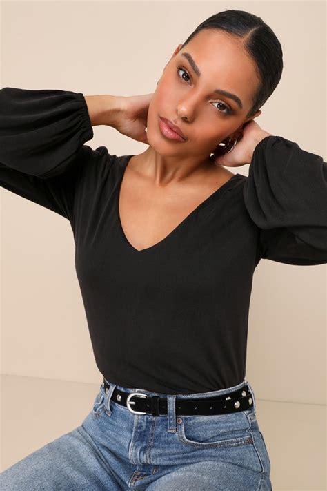 Black V Neck Top Jersey Knit V Neck Top Long Sleeve Top Lulus