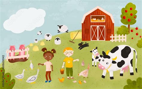 Farm scene landscape with children, barn, farm animals, field, tree ...