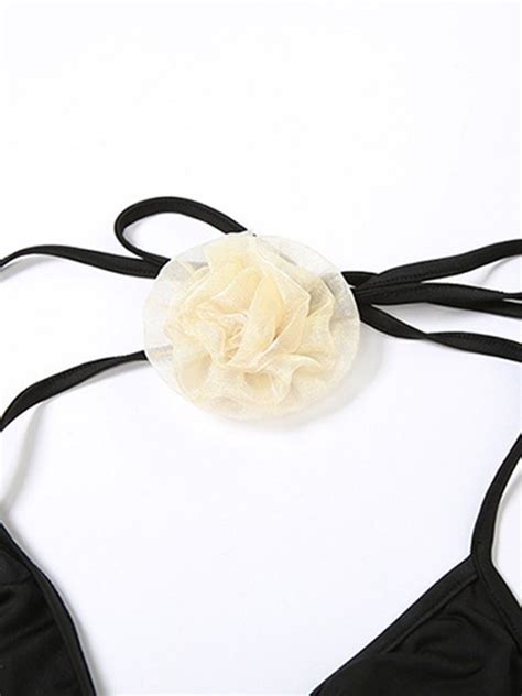 Emmiol Kostenloser Versand 2024 Blumenverziertes Neckholder Bikini Set Schwarz S Von Bikinis Im