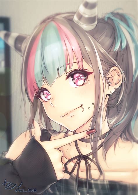 Safebooru 1girl Artist Name Bangs Black Choker Black Nails Black Ribbon Blue Hair Blurry