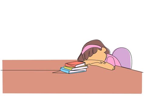 Single One Line Drawing Girl Asleep At The Table Where There Were Piles Of Books Tired After